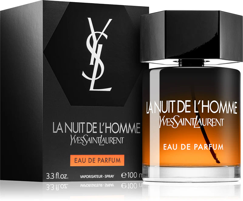 Парфюмна вода за мъже Saint Laurent La Nuit de L'Homme EDP, бутилка с тъмна опаковка и елегантен дизайн.