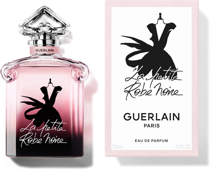 Guerlain La Petite Robe Noire EDP bottle with elegant design, featuring a black dress silhouette, on a soft background.
