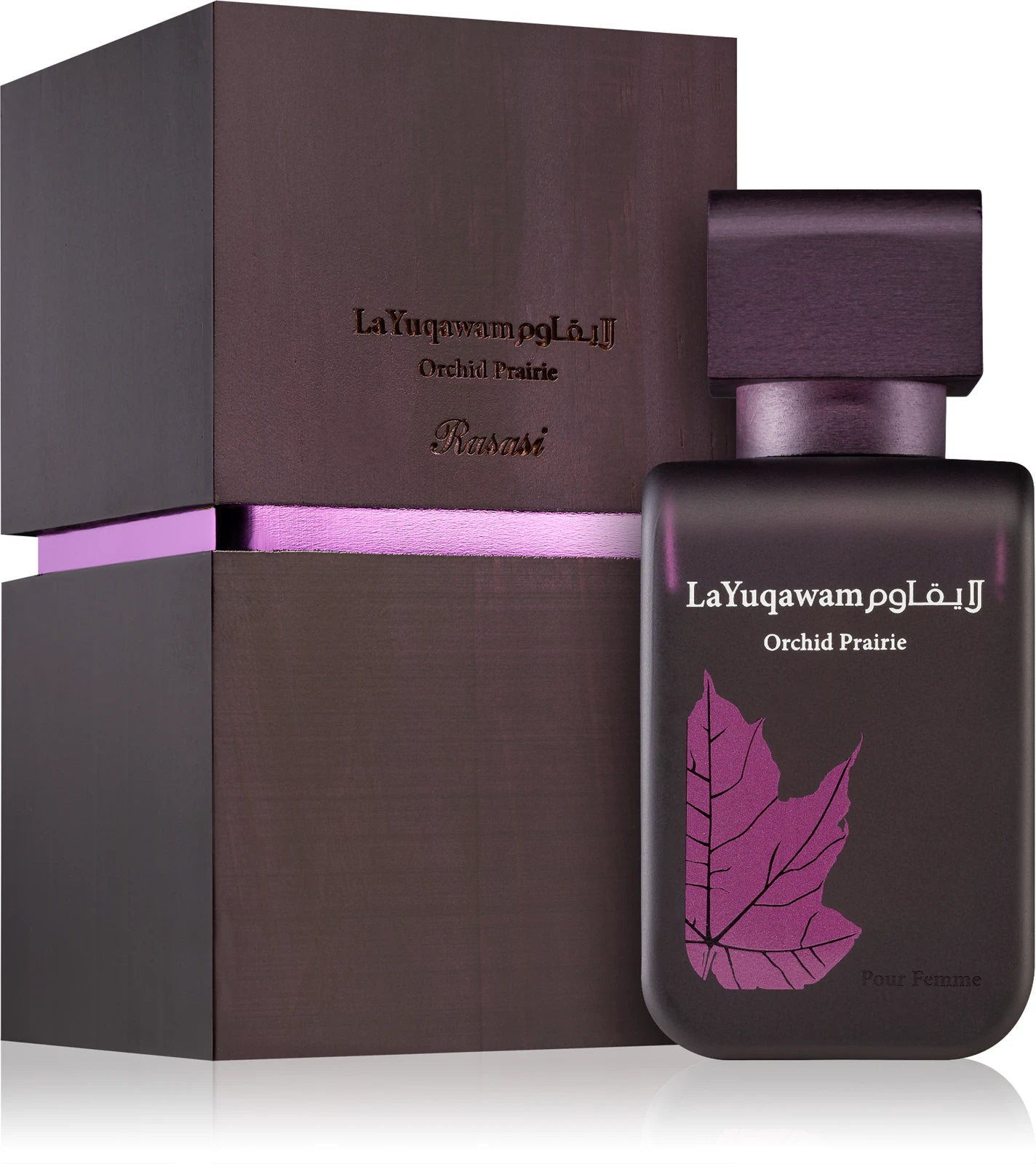 Парфюмна вода Rasasi La Yuqawam Orchid Prairie EDP за жени с флорални и дървесни нотки, бутилка и дизайн.
