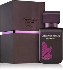 Парфюмна вода Rasasi La Yuqawam Orchid Prairie EDP за жени с флорални и дървесни нотки, бутилка и дизайн.