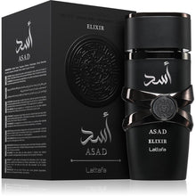 Lattafa Asad Elixir EDP парфюмна вода за мъже, 100 мл, бутилка с изискван дизайн и златисти акценти.