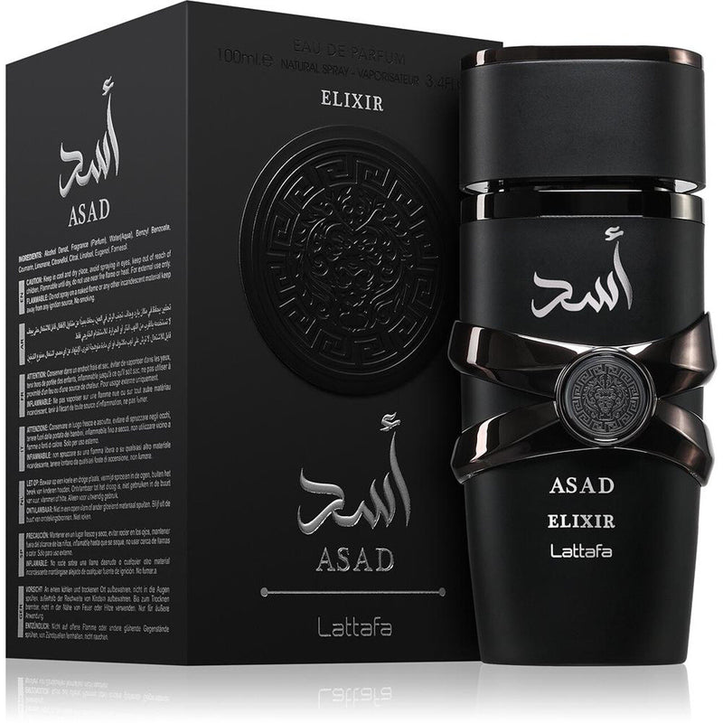 Lattafa Asad Elixir EDP парфюмна вода за мъже, 100 мл, бутилка с изискван дизайн и златисти акценти.