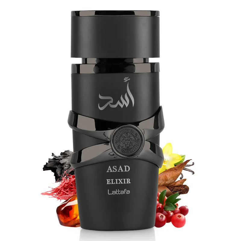 Lattafa Asad Elixir EDP за мъже, ароматна парфюмна вода с дървесни и ориенталски нотки, показана в бутилка.