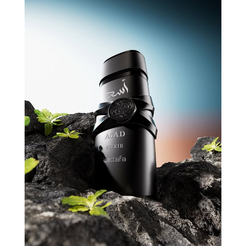 Lattafa Asad Elixir EDP мъжки парфюмна вода, бутилка с елегантен дизайн, за мъже, свеж и дървесен аромат