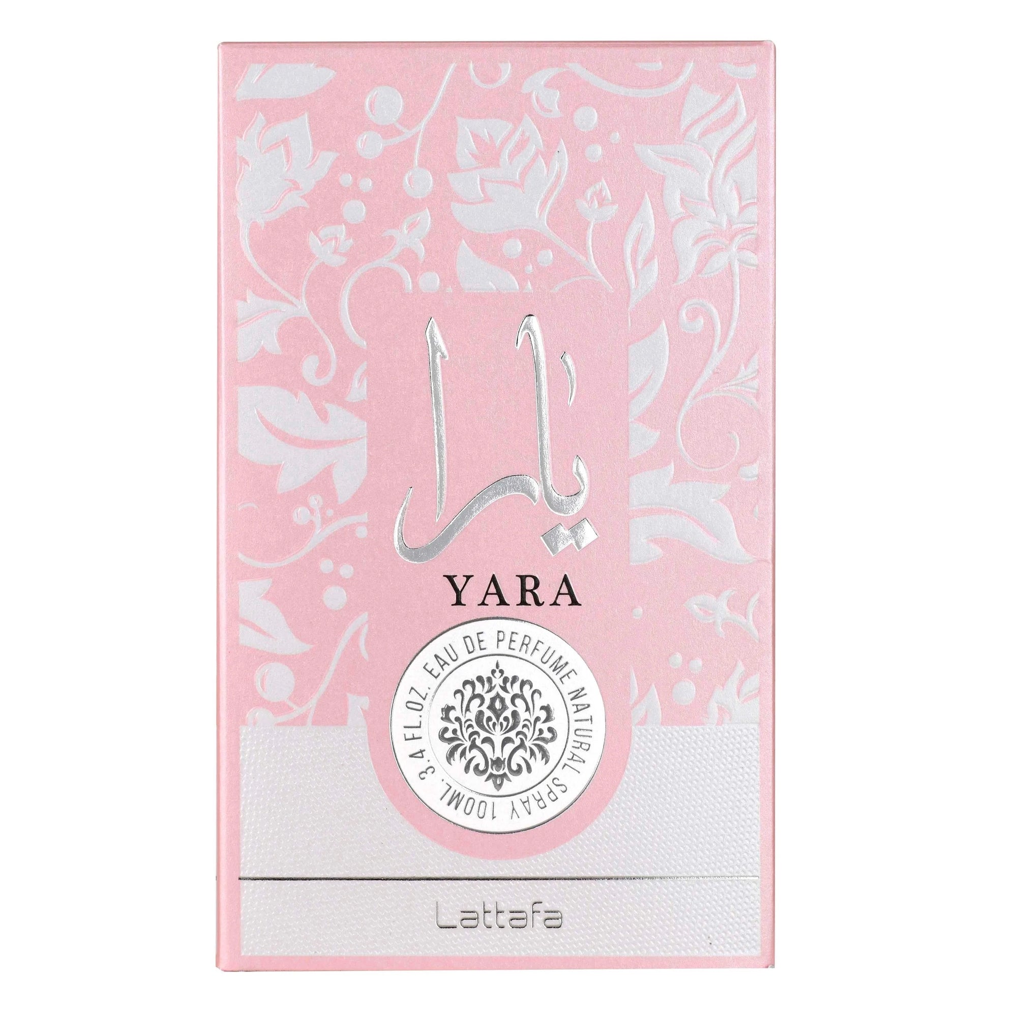 Lattafa Yara EDP парфюмна вода за жени, флакон с елегантен дизайн и златисти акценти, на фона на бял цвят