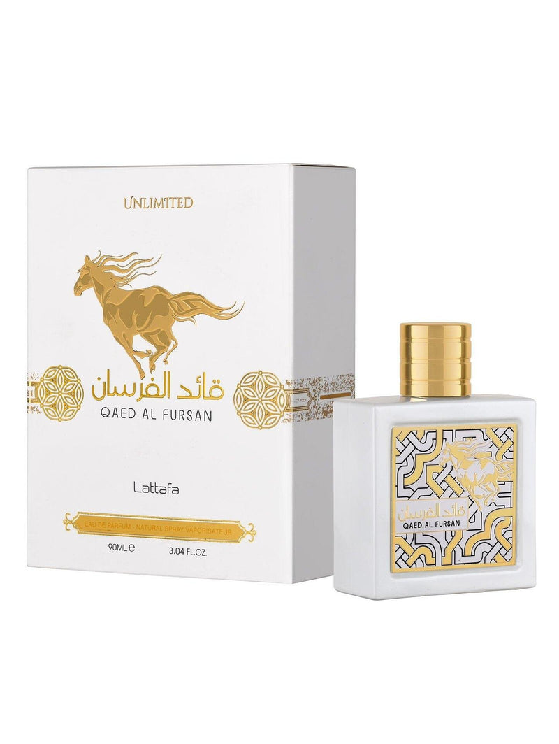 Латтафа Qaed Al Fursan Unlimited женски парфюм EDP, флакон с елегантен дизайн и златисти нюанси, аромат за специални моменти.