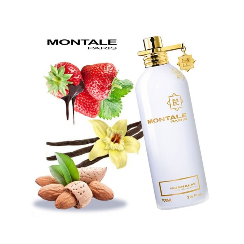 Еднопосочен парфюм Montale Mukhallat EDP, унисекс, 100 мл, флакон с елегантна опаковка и златисти детайли.