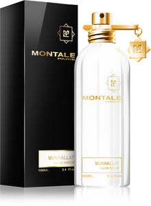 Унисекс парфюмна вода Montale Mukhallat, елегантна бутилка и ароматна композиция на фона.
