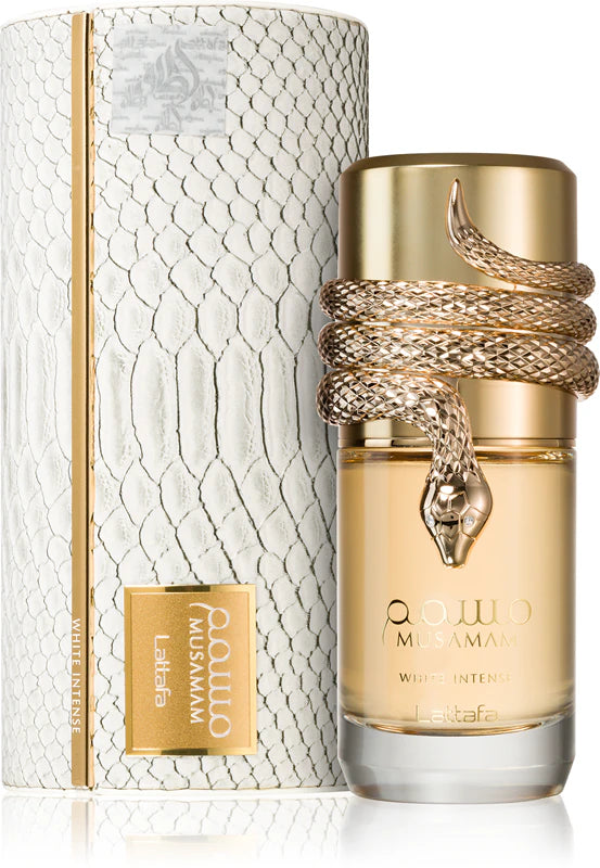 Lattafa Musamam White Intense EDP парфюмна вода унисекс, стъклена бутилка с бял дизайн и елегантен външен вид.