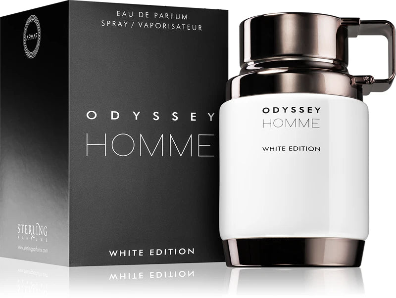 Парфюмна вода за мъже Armaf Odyssey Homme White Edition EDP, бяла бутилка с елегантен дизайн и ароматни нотки.