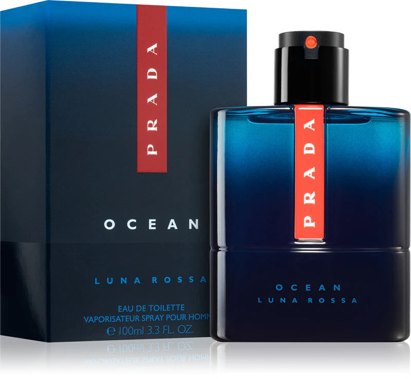Мъжка тоалетна вода Prada Luna Rossa Ocean EDT, бутилка с морски мотиви и елегантен дизайн.
