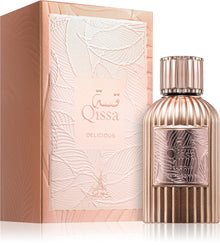 Парфюмна вода за жени Paris Corner Qissa Delicious EDP, елегантна бутилка, с цветен дизайн и ароматен парфюм.