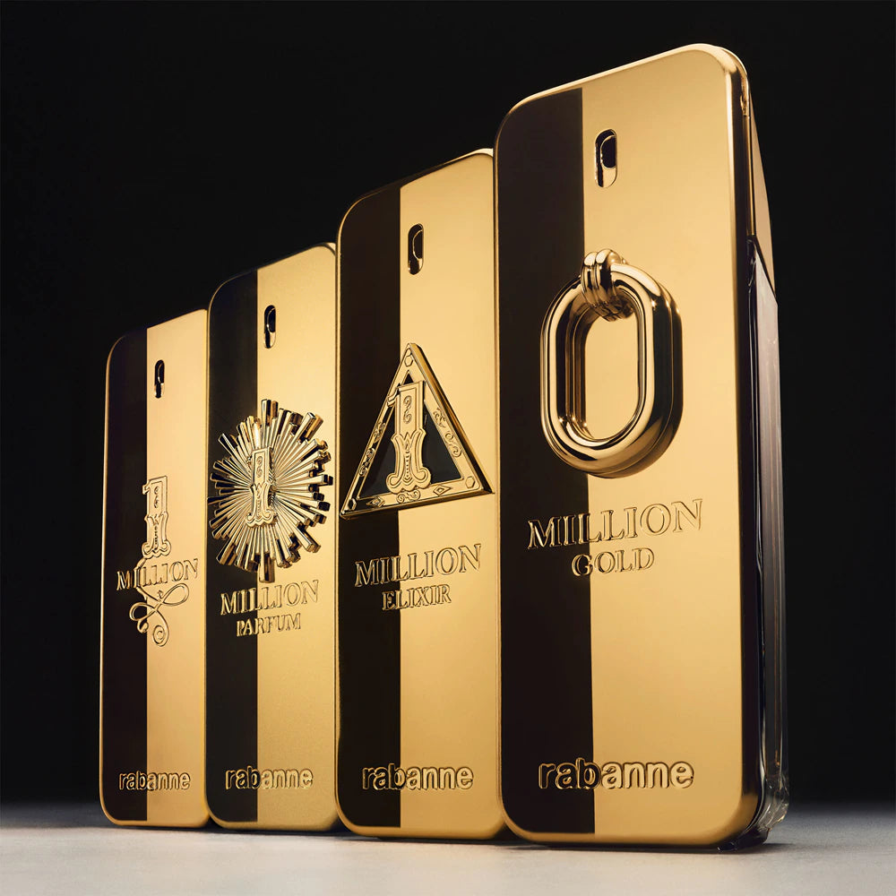 Парфюм за мъже Paco Rabanne 1 Million Parfum, флакон с златен дизайн и елегантна опаковка, излъчващ лукс и стил.