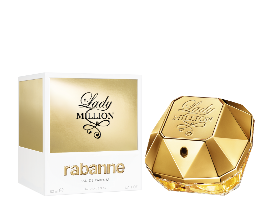 Елегантна женска парфюмна вода Lady Million EDP от Rabanne, бутилка с изящен дизайн и златисти акценти.