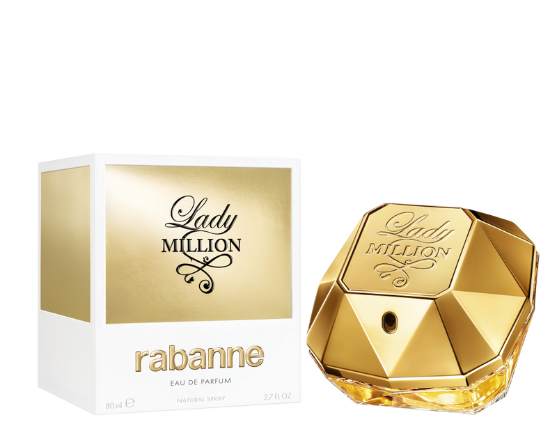 Елегантна женска парфюмна вода Lady Million EDP от Rabanne, бутилка с изящен дизайн и златисти акценти.