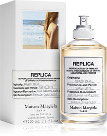 Унисекс парфюм Maison Margiela Replica Beach Walk EDT с прозрачна бутилка и свеж аромат на морски бриз и плаж.