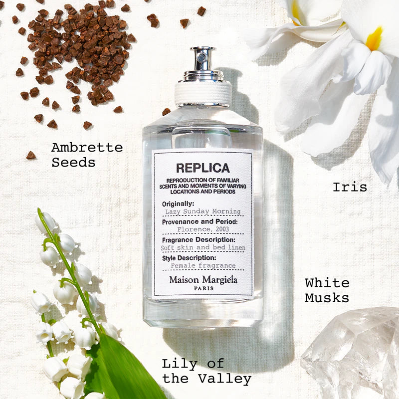 Унисекс парфюм Maison Margiela Replica Lazy Sunday Morning EDT, бутилка с елегантен дизайн и светли цветове.