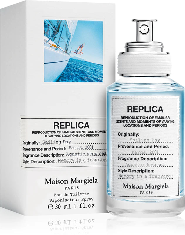 Унисекс парфюм Maison Margiela Replica Sailing Day EDT, бутилка с морски мотив и елегантен дизайн, изображение на флакона