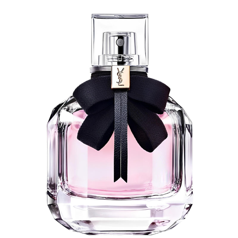 Еднопосочна парфюмна вода Yves Saint Laurent Mon Paris EDP за жени, бутилка с изискан дизайн и розово-златен капак.