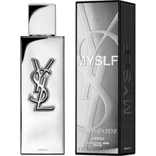 Yves Saint Laurent Myslf L'Absolu EDP парфюмна вода за мъже, бутилка с елегантен дизайн и черна капачка, на бял фон