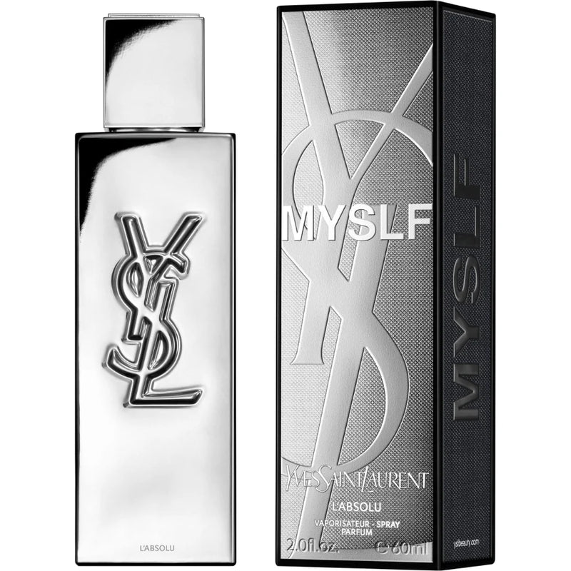 Yves Saint Laurent Myslf L'Absolu EDP парфюмна вода за мъже, бутилка с елегантен дизайн и черна капачка, на бял фон