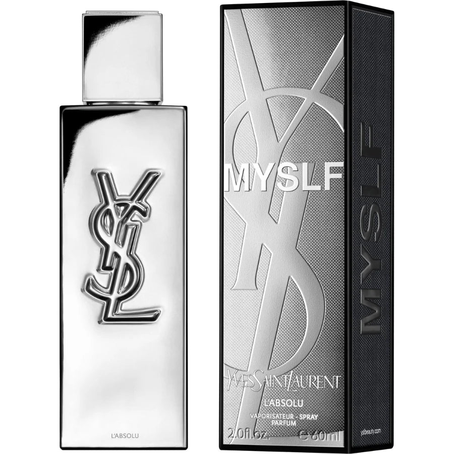 Yves Saint Laurent Myslf L'Absolu EDP парфюмна вода за мъже, бутилка с елегантен дизайн и черна капачка, на бял фон