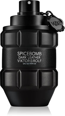 Парфюмна вода за мъже Viktor & Rolf Spicebomb Dark Leather EDP, бутилка с тъмна кожа и метални детайли.