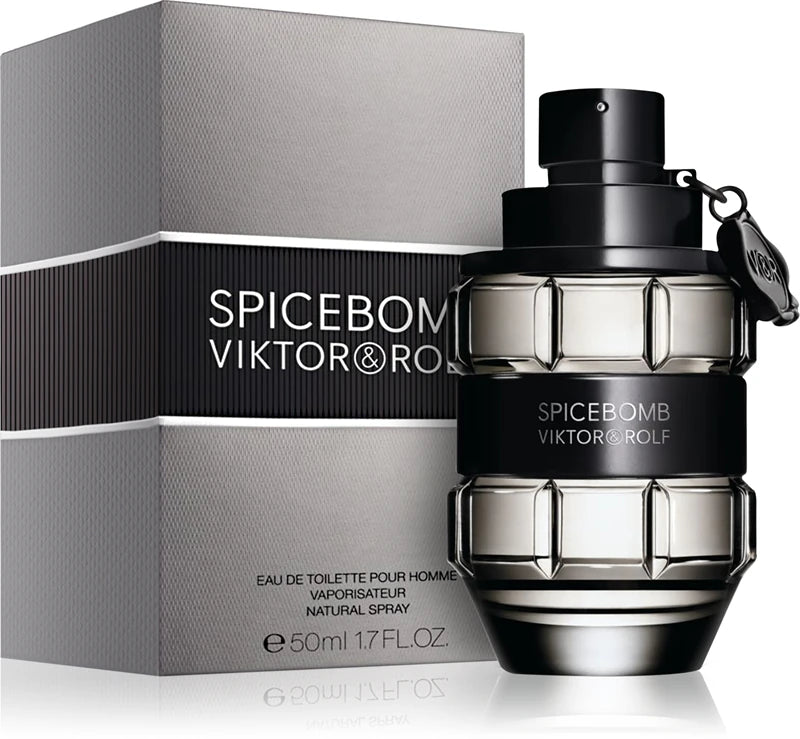 Виктор & Ролф Spicebomb EDT мъжка тоалетна вода с ароматни нотки и стилна опаковка, изображена в изображението.