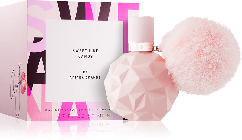 Парфюмна вода Ariana Grande Sweet Like Candy EDP за жени, бутилка с розов и бял дизайн, изразяваща сладък и женствен аромат