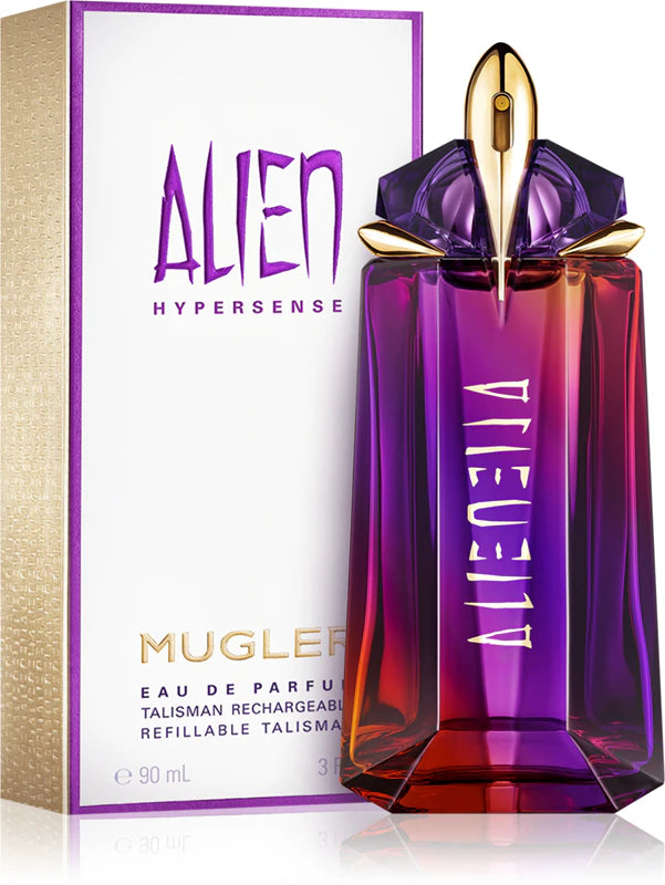 Туалетна вода за жени Alien Hypersense на Thierry Mugler, флакон с луксозен дизайн и ароматна течност.