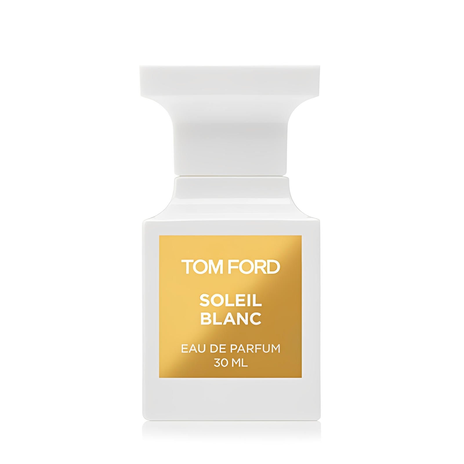 Тъмно-златен флакон на Tom Ford Soleil Blanc EDP парфюмна вода за мъже и жени, излъчваща луксозен аромат.
