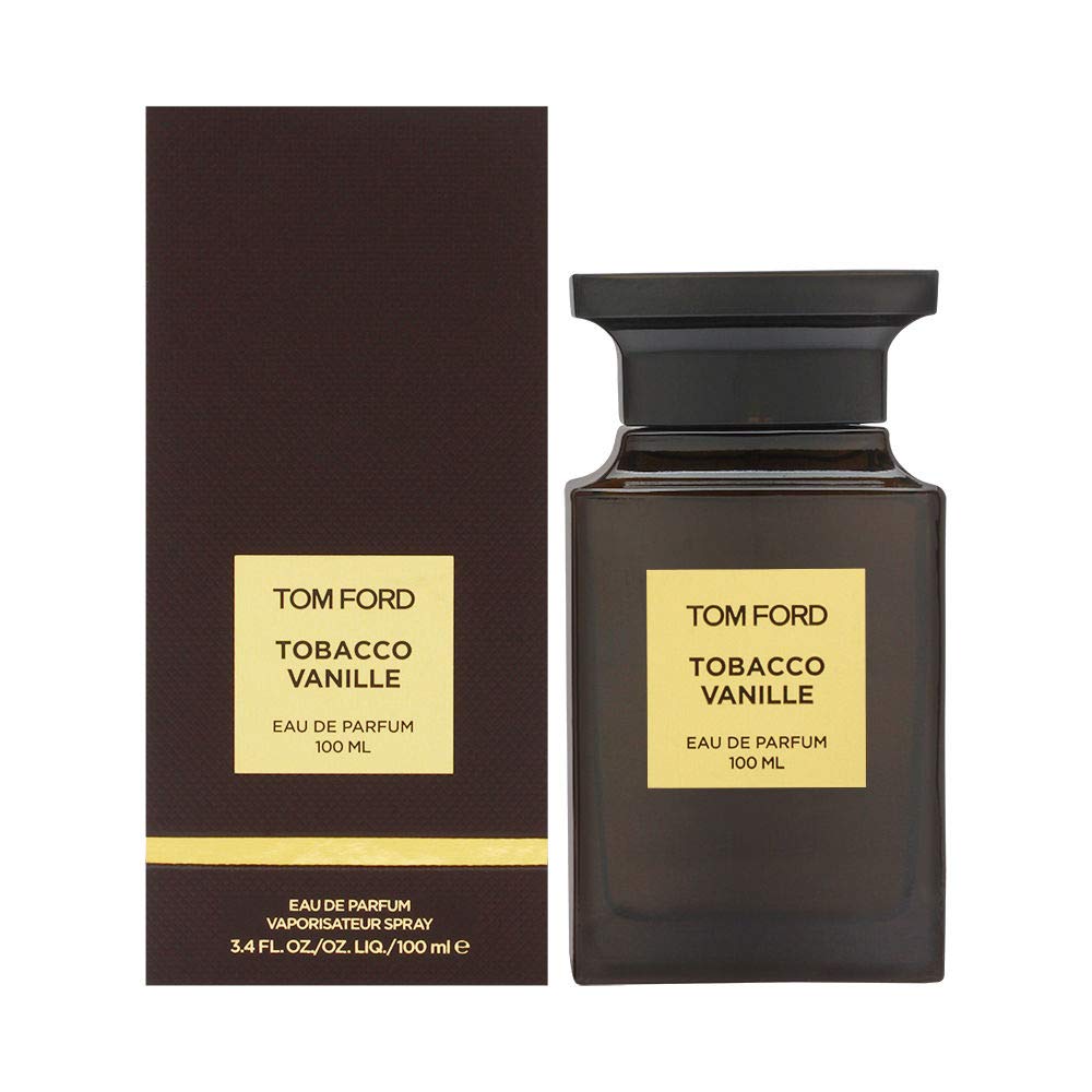 Тъмно кафяв флакон на Tom Ford Tobacco Vanille EDP парфюмна вода за мъже и жени, с елегантен дизайн и златен капак.
