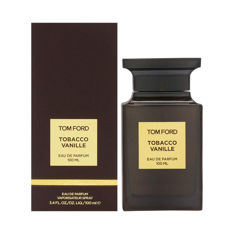 Тъмно кафяв флакон на Tom Ford Tobacco Vanille EDP парфюмна вода за мъже и жени, с елегантен дизайн и златен капак.
